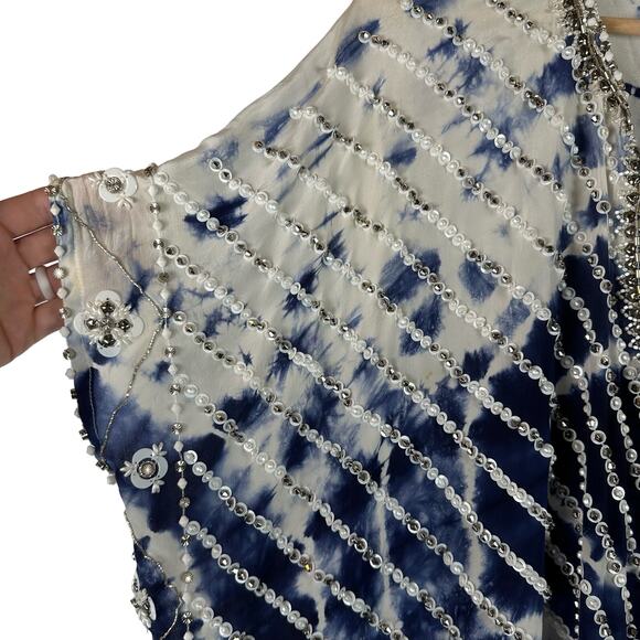 Taj by Sabrina Crippa Blue and White Beaded Kaftan Silk Blouse Size S Cover Up - Picture 10 of 16